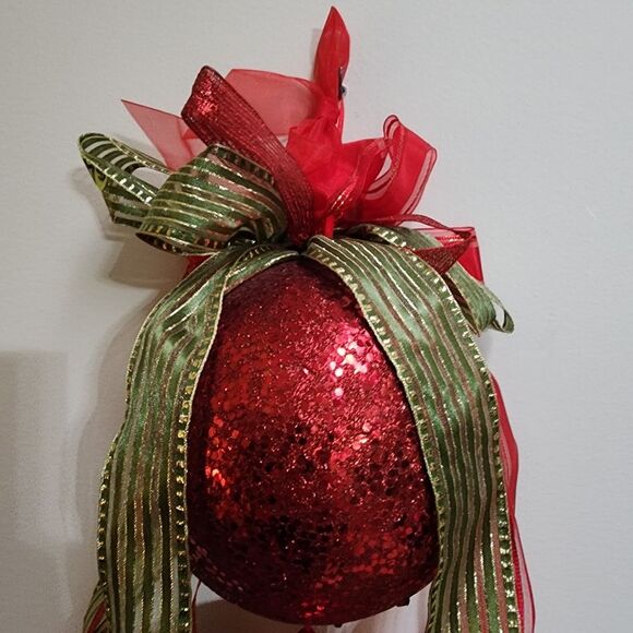 Hanging Christmas Decor for Door or Wall Red Styrofoam Balls with Shiny Ribbons - Picture 2 of 8
